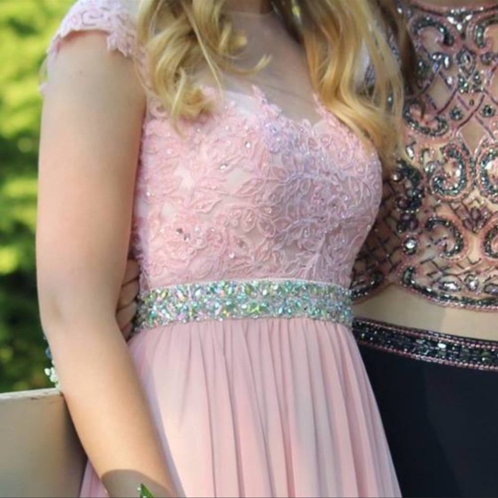 Elegant Pink Lace Dress with Beaded Waist